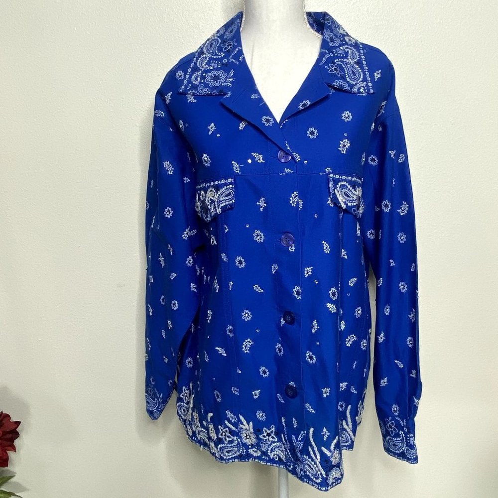 The Quacker Factory Blue & White Paisley Bandana Shacket